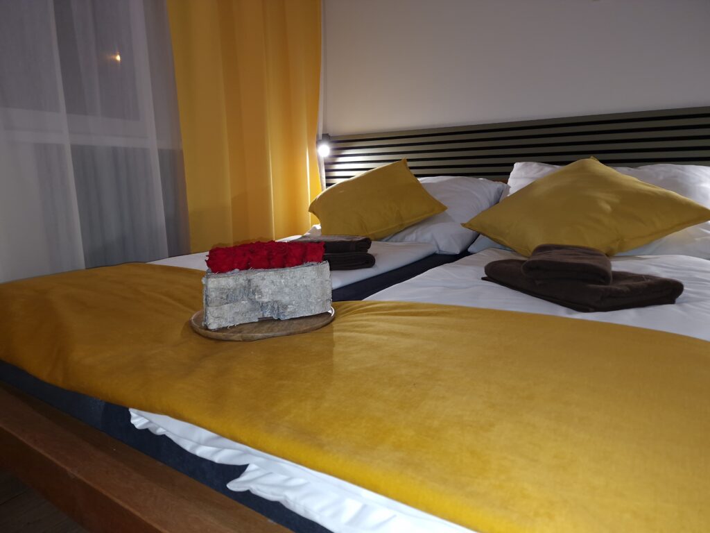 Interiér apartmánu s manželskou posteľou a veľkým oknom