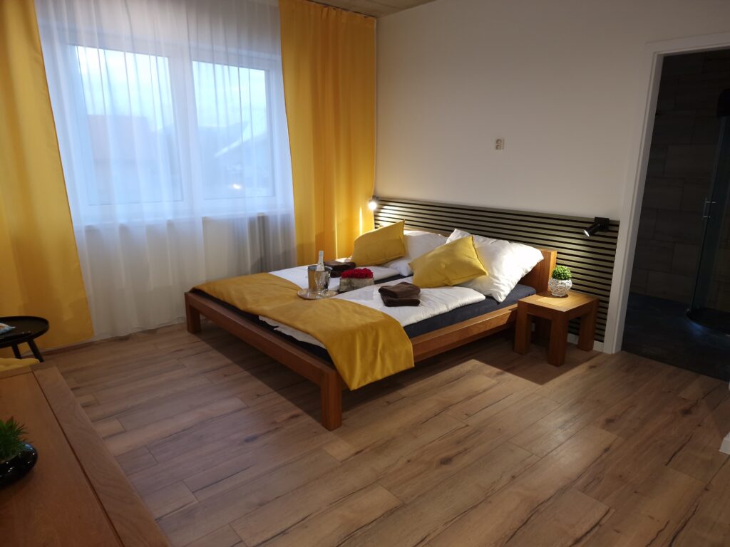 Interior of apartment with double bed and big window
