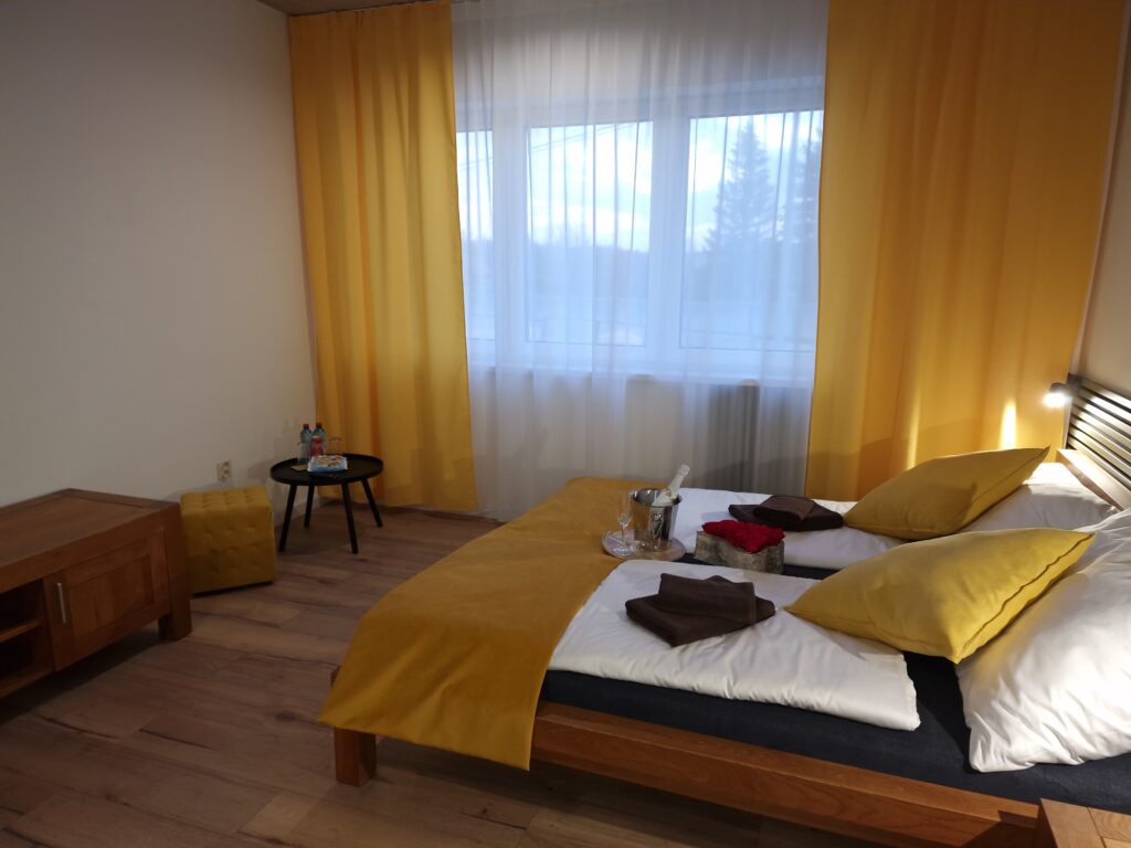 Interior of apartment with double bed and big window