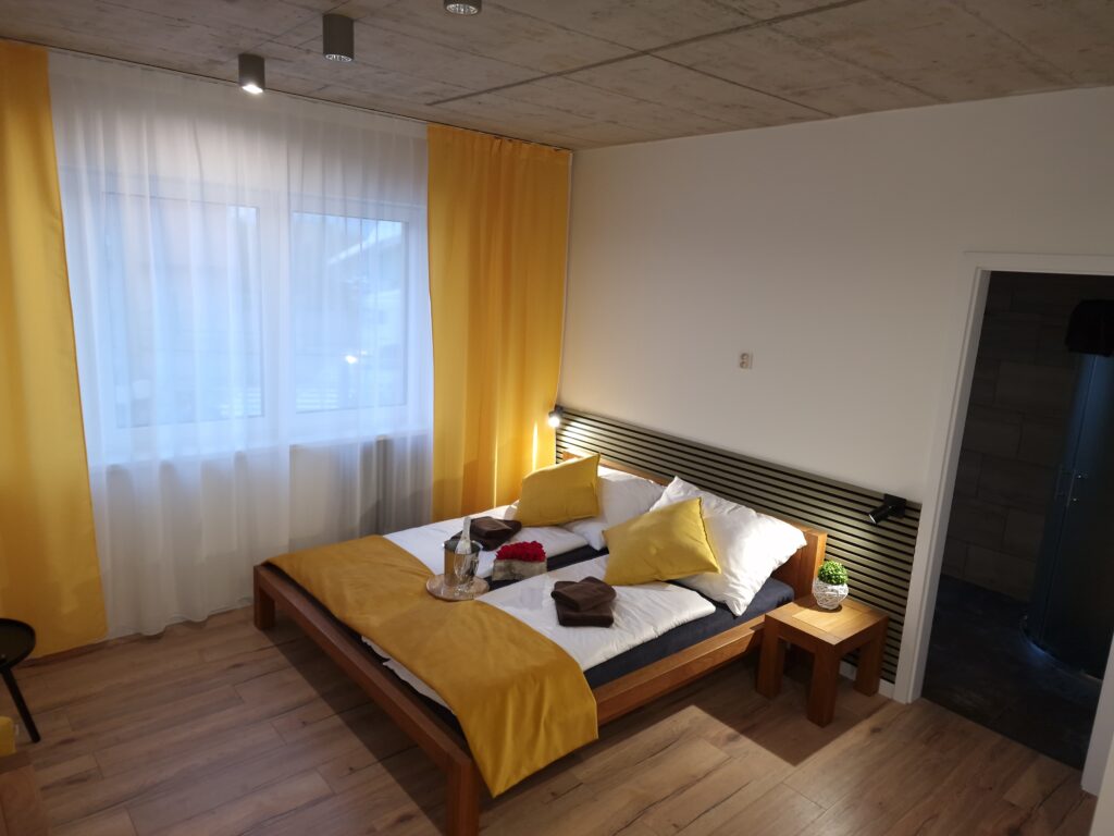 Interior of apartment with double bed and big window