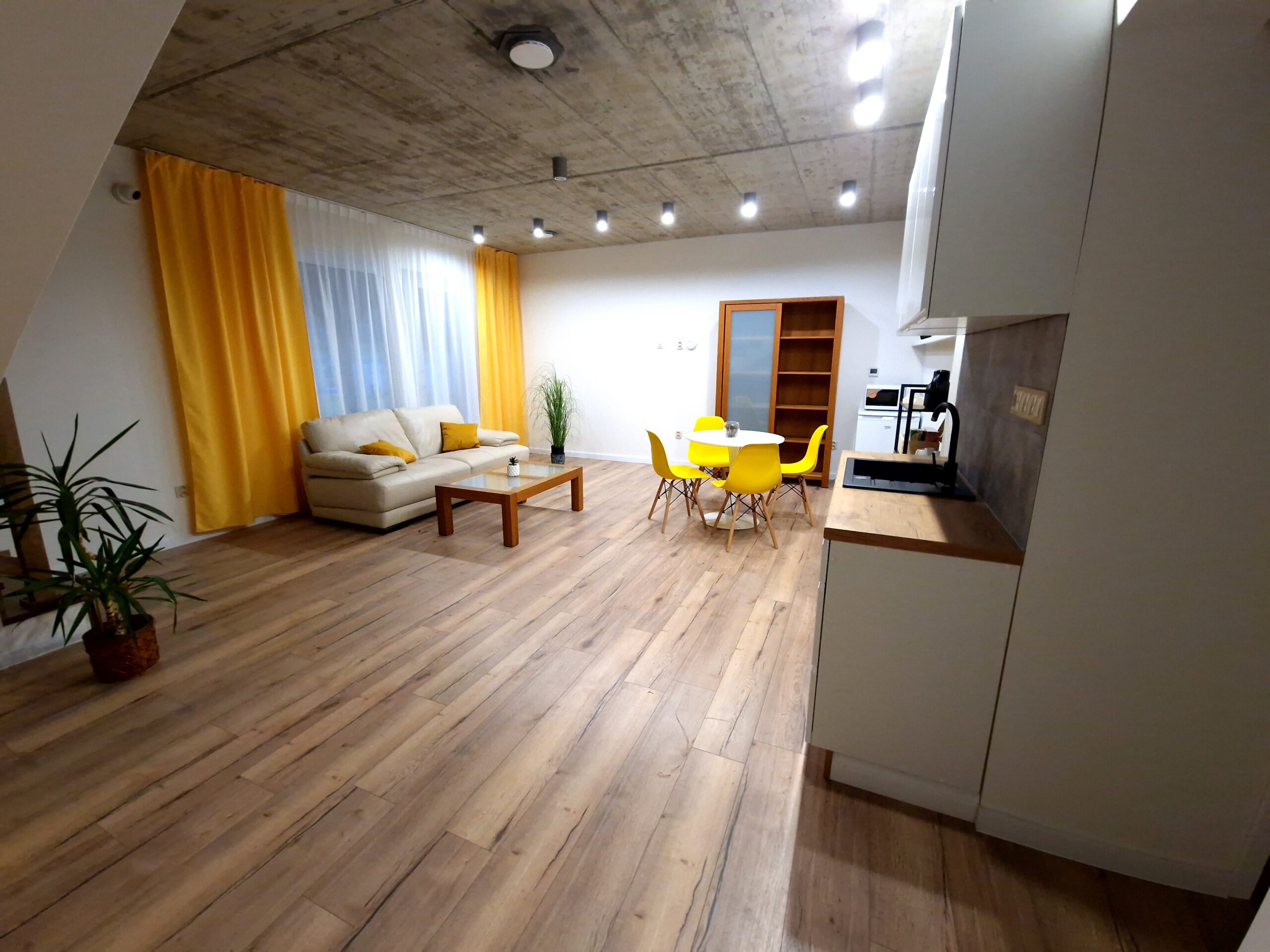 Shared kitchen interior with sofa, table, four chairs and sink