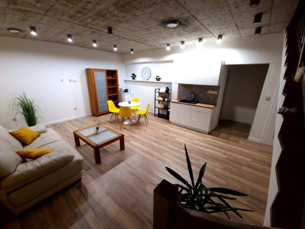 Shared kitchen interior with sofa, table, four chairs and sink