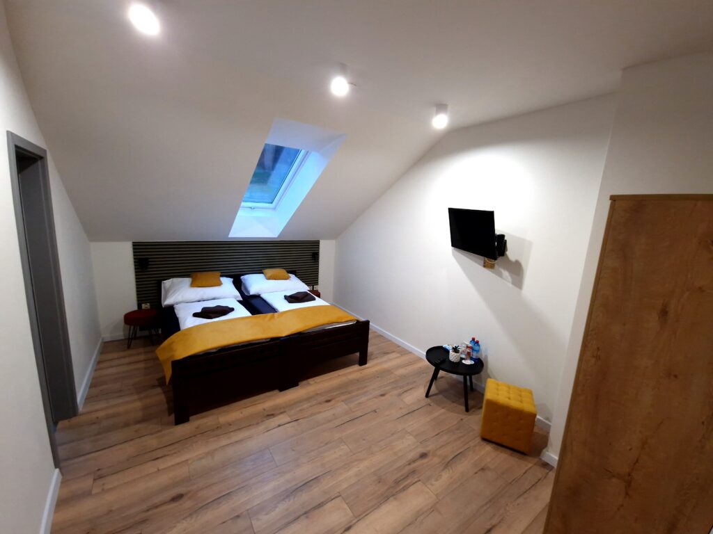 Standard room interior with TV, double bed and roof window