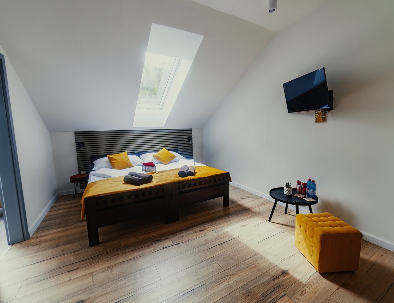 Standard room interior with TV, double bed and roof window